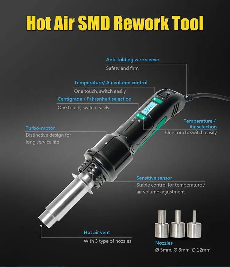 Pro'sKit SS-602H 300 Вт Портативный пистолет горячего воздуха с ЖК-дисплеем с регулируемой температурой для ремонта мобильных телефонов