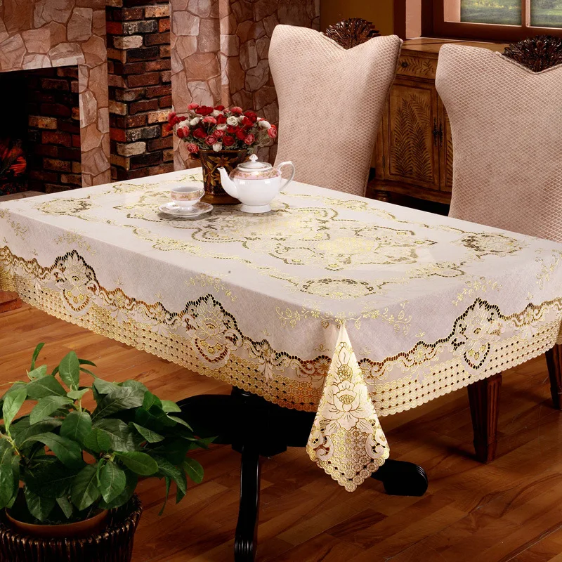 

Hot Stamping European Hollow Out Tablecloth Print Waterproof and Oilproof PVC for Wedding TV Party Hotel Table Cloth