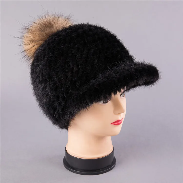 Black Raccoon Fur Женские зимние меховые шапки из натуральной норки с меховым шаром из лисьего меха, ручная работа, теплые шапки с полями черного/винного/светло-кофейного цвета - Цвет: Black Raccoon Fur