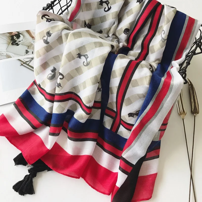 

2017 New Cute Cat Pattern Coton Tassel Scarf Stripe Pattern Tassel Shawls Headscarf Long Animal Wrap Hijab Free Shipping