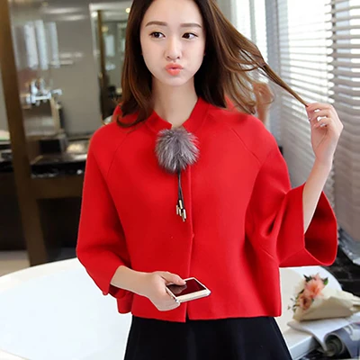 red Короткий плащ, вязаный кардиган, пальто, женская мода, осень, рукав "летучая мышь", половина рукава, воротник-стойка, свитер, пальто, зимние свободные топы, Mujer - Цвет: red