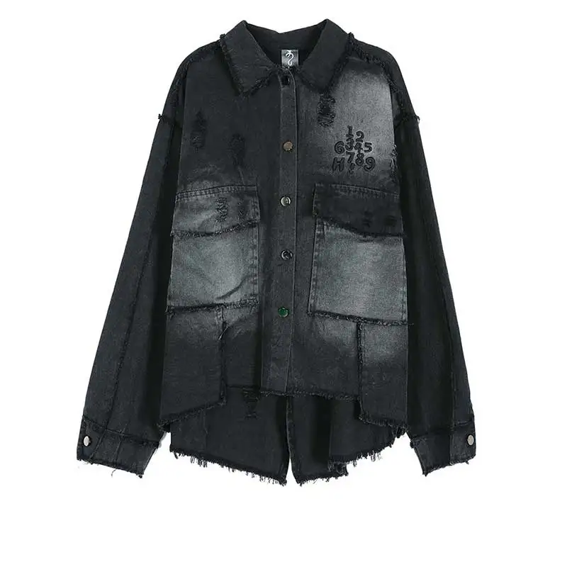 Women Black Riped Punk Denim Jacket Loose Jeans Vintage Casual Street Harajuku Coat Female Casaco Feminino | Женская одежда
