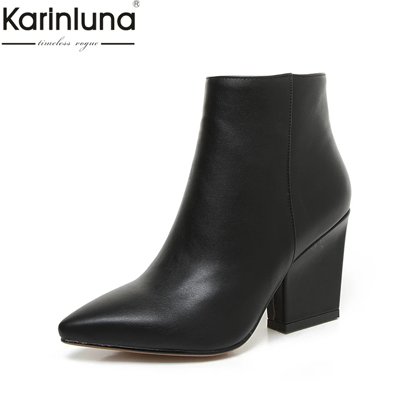 KARINLUNA/ г. Большие размеры 32-43, Черная Женская обувь с острым носком женские модные осенне-зимние ботильоны на высоком каблуке с плюшевой подкладкой