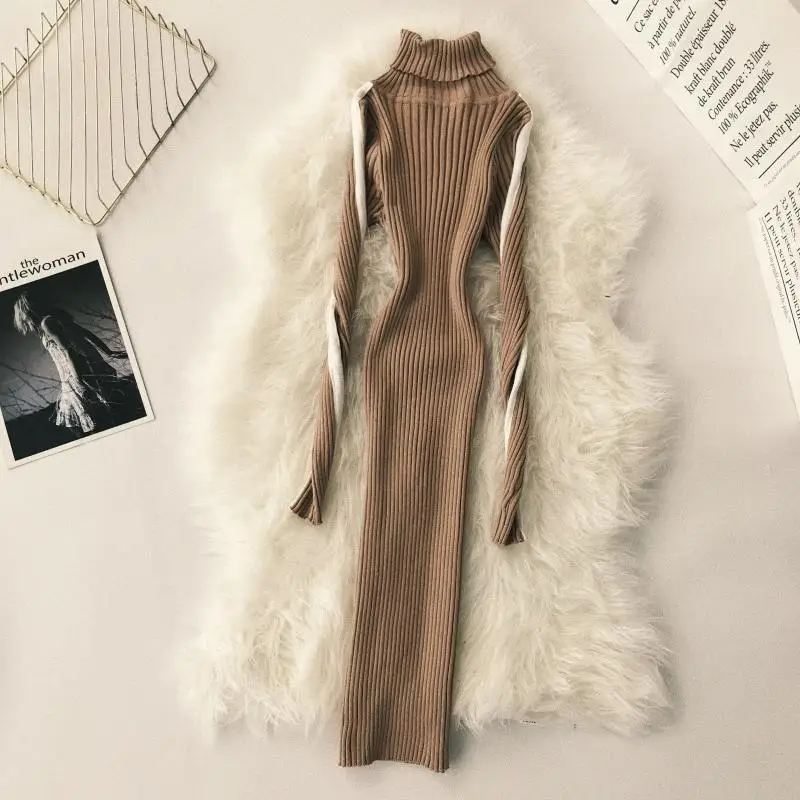 Женское облегающее платье ALPHALMODA карандаш с высоким воротом и рукавом в полоску