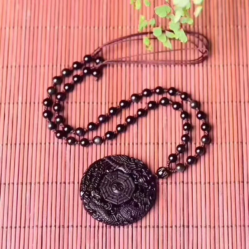 

Scrub Black Natural Obsidian Stone Pendant Caved Longfeng Gossip Pendant Necklace Obsidian Fashion Jewelry