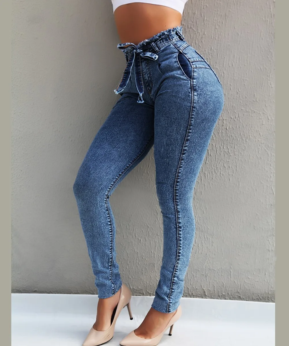 Women's Jeans Slim Fit Stretch Fringe Belt High Waist Z9 | Женская одежда