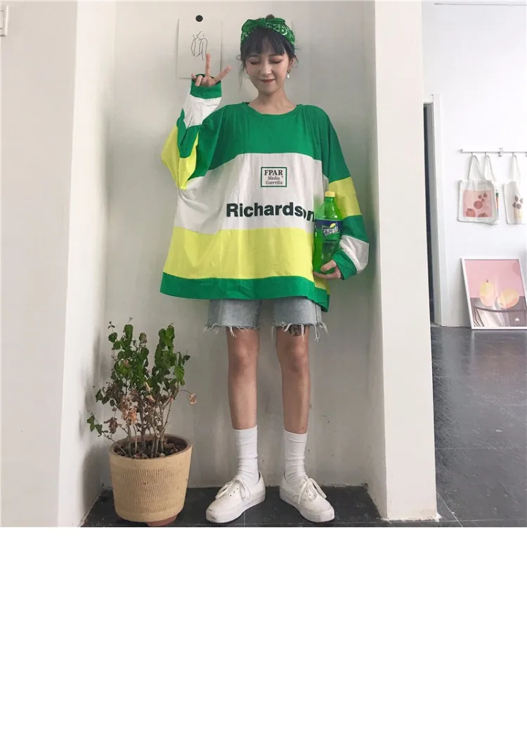 Camisetas Mujer; осенняя одежда в Корейском стиле; Ulzzang Harajuku; Лоскутная футболка с буквенным принтом и длинными рукавами для женщин; футболки для девочек