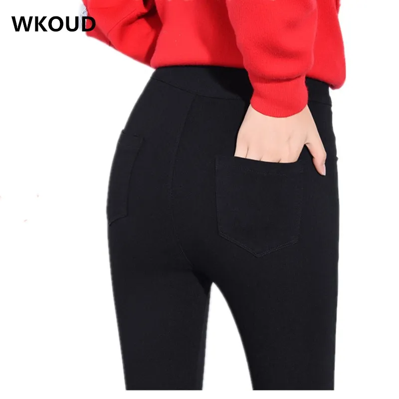 

WKOUD Plus Size Leggings Women Black Stretch High Waist Leggings Woven Fabric Skinny Solid Pencil Pants Female Legging P8901