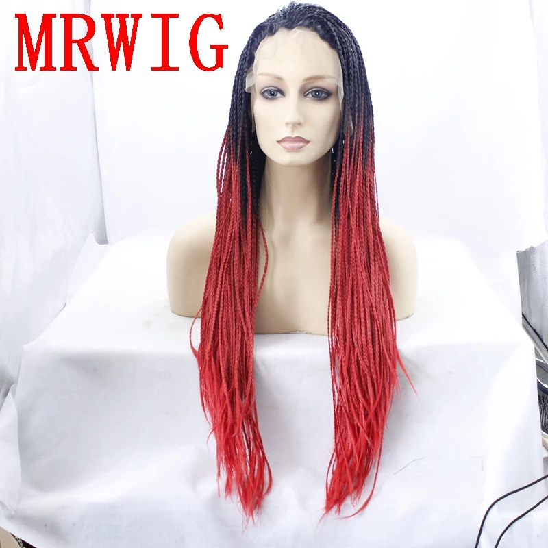 MRWIG 1b # Ombre красный волос плетеный ящик косы парик бесплатная часть темные корни