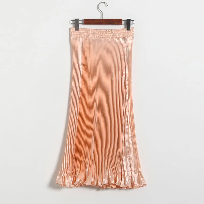 Orange Pink Винтажные юбки с высокой талией Женская плиссированная юбка летняя юбка металлик повседневная яркий сатиновый миди юбка длинная Saia Весенняя юбка - Цвет: Orange Pink
