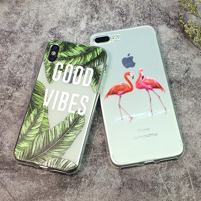 Flamingos Phone Cases For iPhone 7 8 Plus Case X XS Max XR Leaf Soft Cover 6 6S 5 5S SE Capa | Мобильные телефоны и