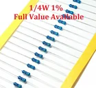 100 шт.лот 14 Вт 100R120R150R180R200Rметаллопленочный резистор 100120150180200 Ом 1% 0,25 Вт резисторы сопротивление цветного кольца