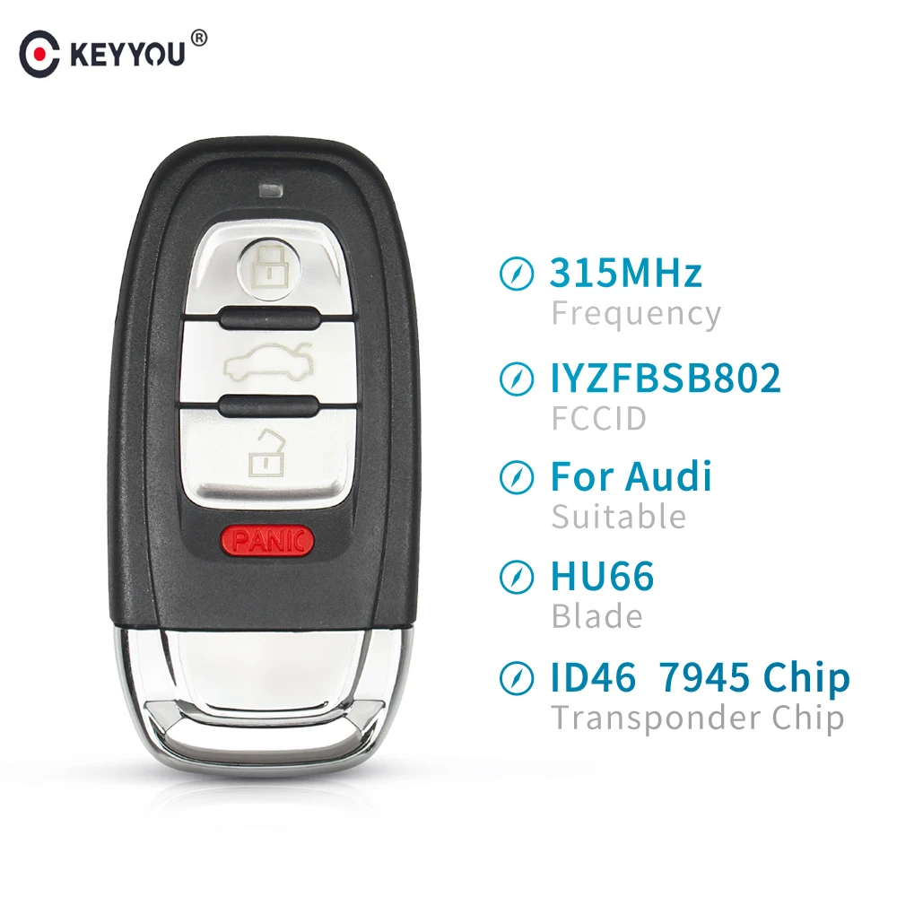 Ключ KEYYOU 3 + 1 для Audi A3 A4 A5 A6 A8 Quattro Q5 Q7 315 МГц чип ID46 идентификатор FCC: iyzsbfb802 2009 2015|Ключ