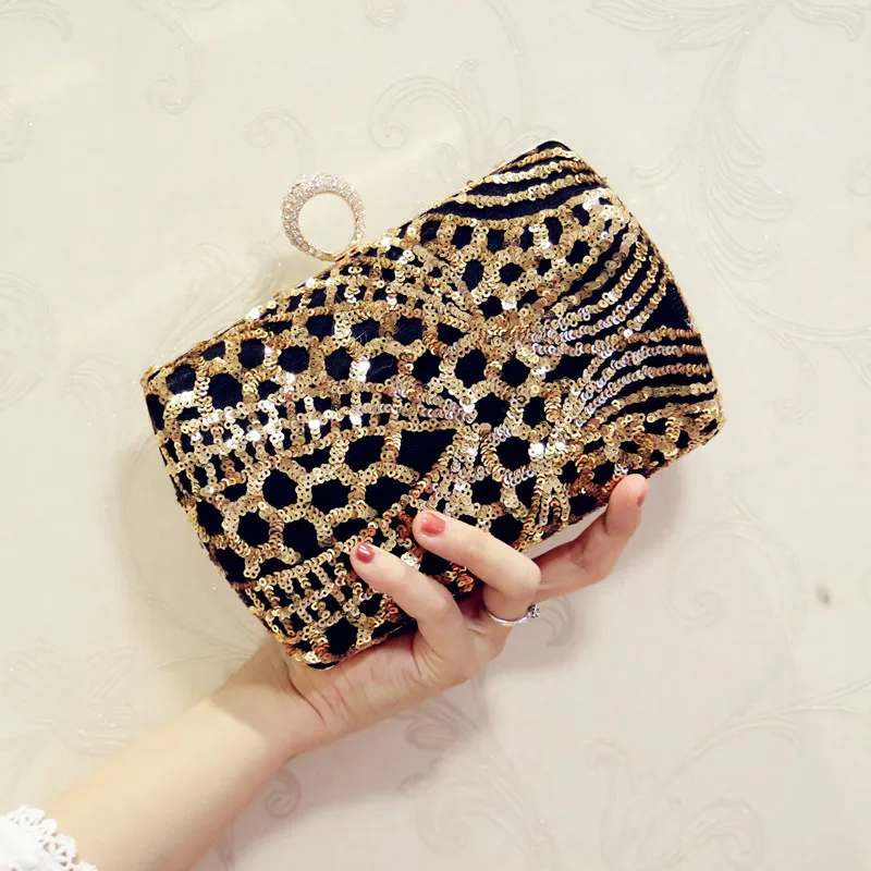

2019 Gold Sequins Leopard Diamond Ring Women Crossbody Evening Clutches Bags Small Party Minaudiere Handbags Purses Wedding Bags