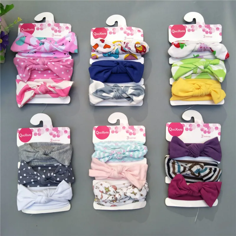 New 3PCS/Set Rabbit Ear Kids elastic hair band Girls Child Headband Cotton Dots Bowknot Flower Turban Headwear Hair Accessories |