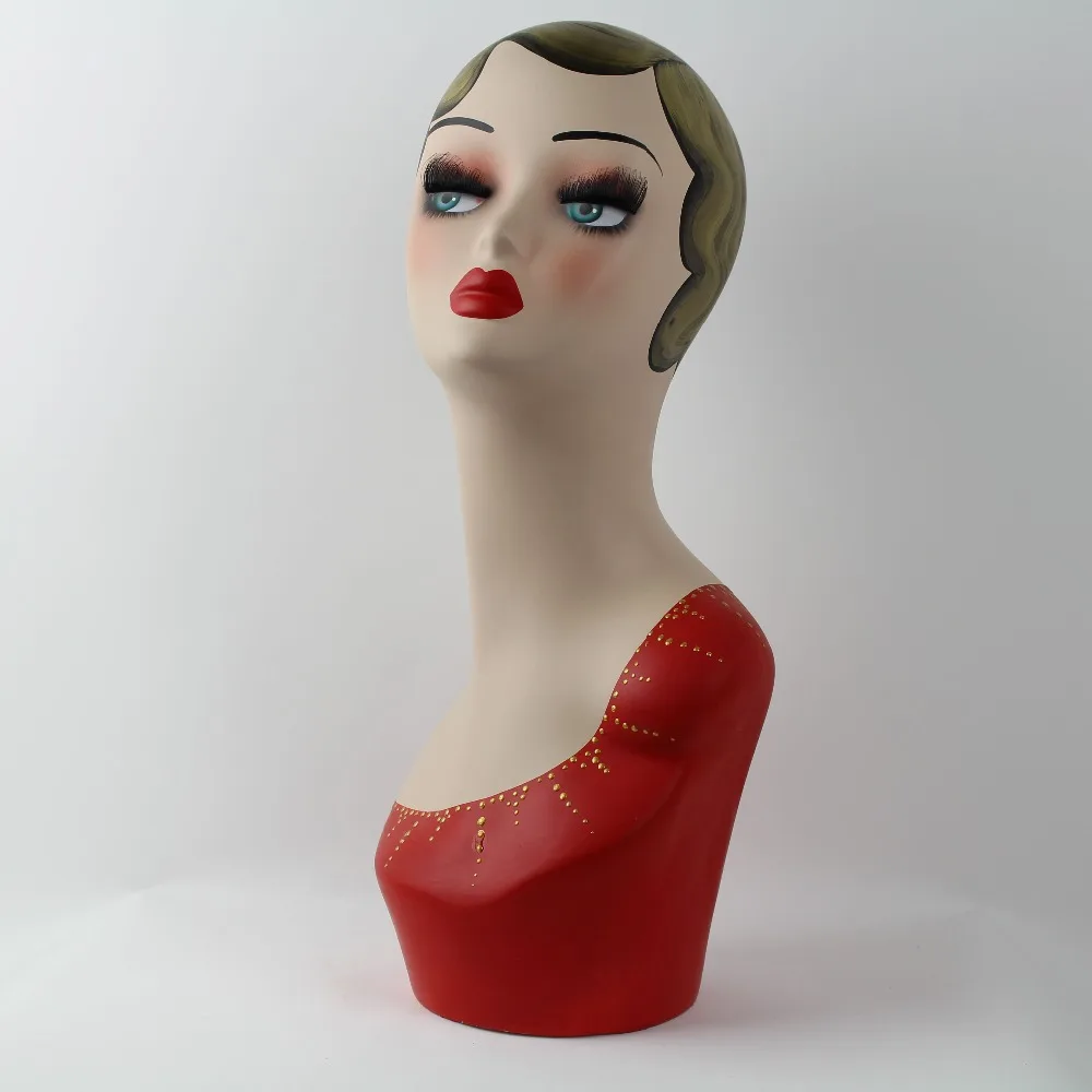 

Vintage Hand Painted Female Head Mannequin With Red Cloth For Hat Jewelry Display And Decoration