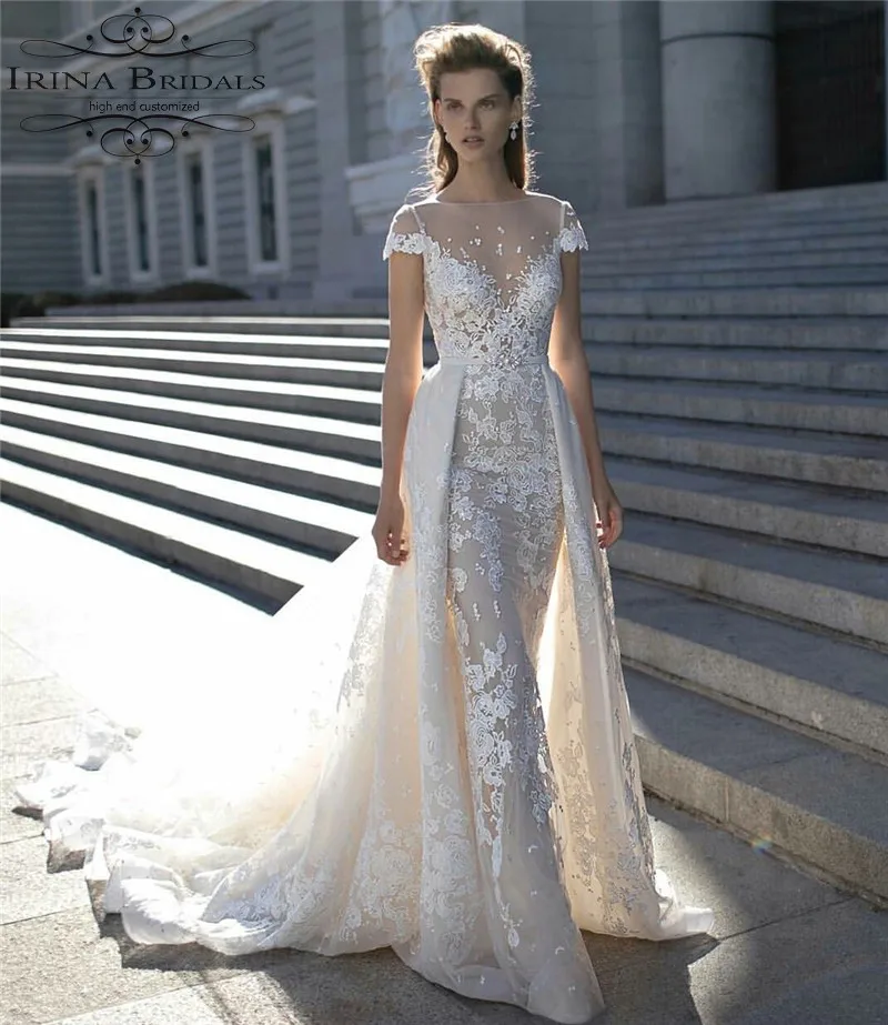 Hochzeitskleid/свадебное платье цвета шампанского с короткими рукавами и кружевной
