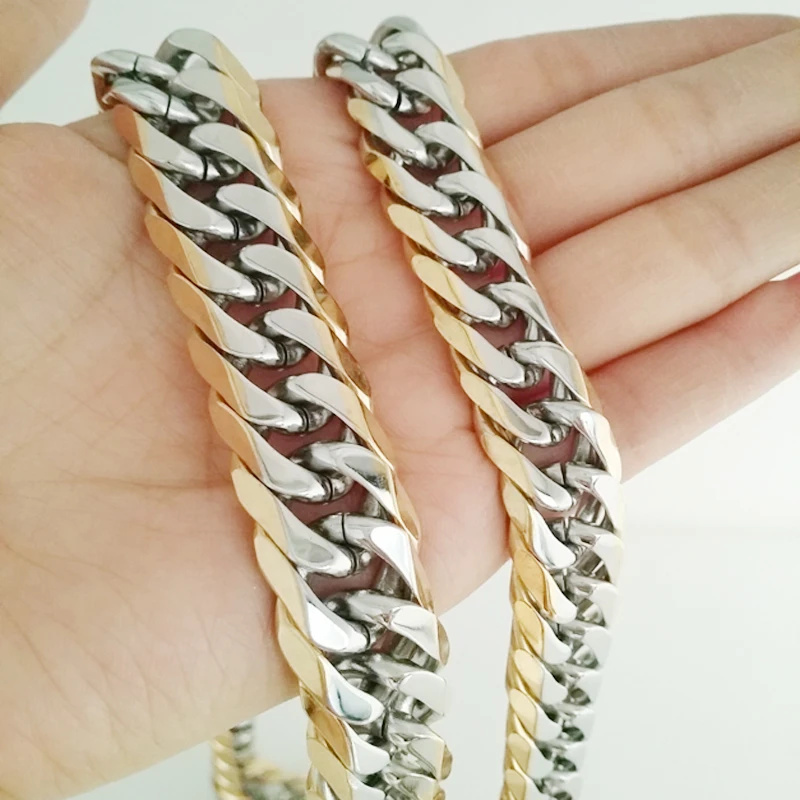 13/16mm Wide Cool Stainless Steel Silver Color/Gold Color Cut Cuban Curb Chain Men's Necklace Or Bracelet Unisexs Jewelry 7&quot-40&quot |