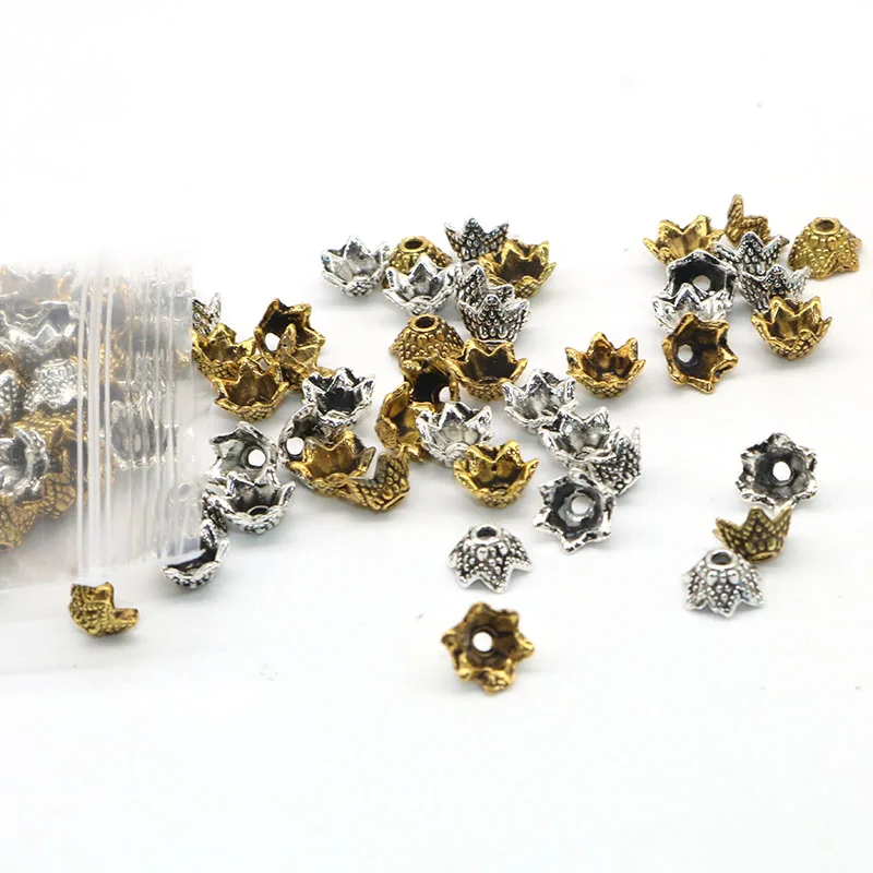 Бусины лепестки микс тибетских серебряных цветов 200 шт. концевые колпачки для