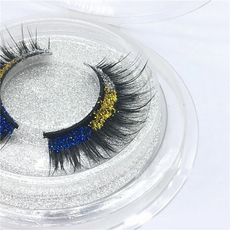 

3D Mink Hair Natural Long Eyelash Blue Gold Silver Shimmer Powder Decorated Messy Mink Lashes for Party Stage Makeup