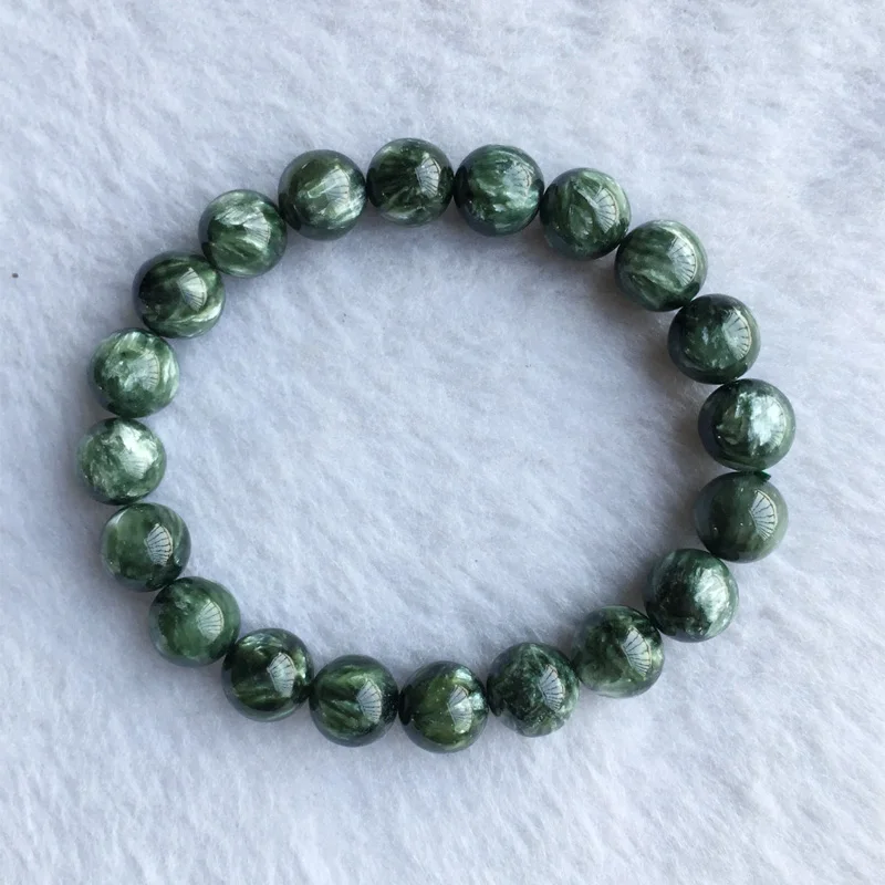 

High Quality Natural Genuine Green Seraphinite Stretch Finish Men's Bracelet Round beads 10mm 05152