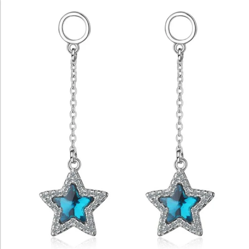 

TJP Shining Cubic Zirconia Blue Star Girl Stud Earrings Jewelry Lady Fashion Silver Plated Earrings For Women Accessories