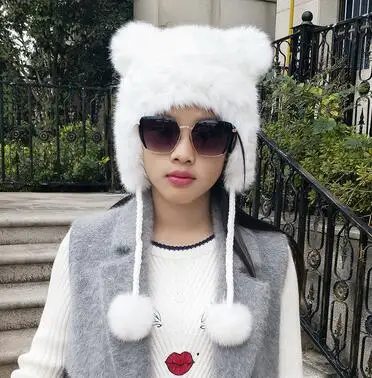 white Женские вязаные шапки из натурального кроличьего меха для девочек, зимний утепленный Модный милый медведь, меховые шапочки и шапочки с ушками кролика TB375 - Цвет: white