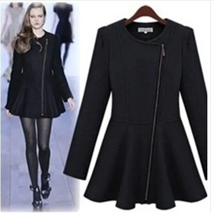 FREE SHIPPING 2013 Fashion star style elegant o-neck zipper women's winter coats shoulder pads woolen coat black | Женская одежда