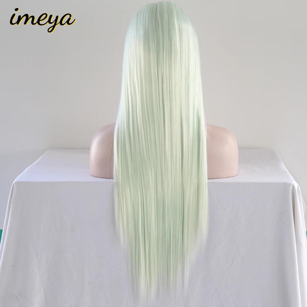 Imeya Long Silky Straight Light Green Color Synthetic Lace Front Wigs 26Inch Side Part With High Bangs Heat Resistant Fiber Hair