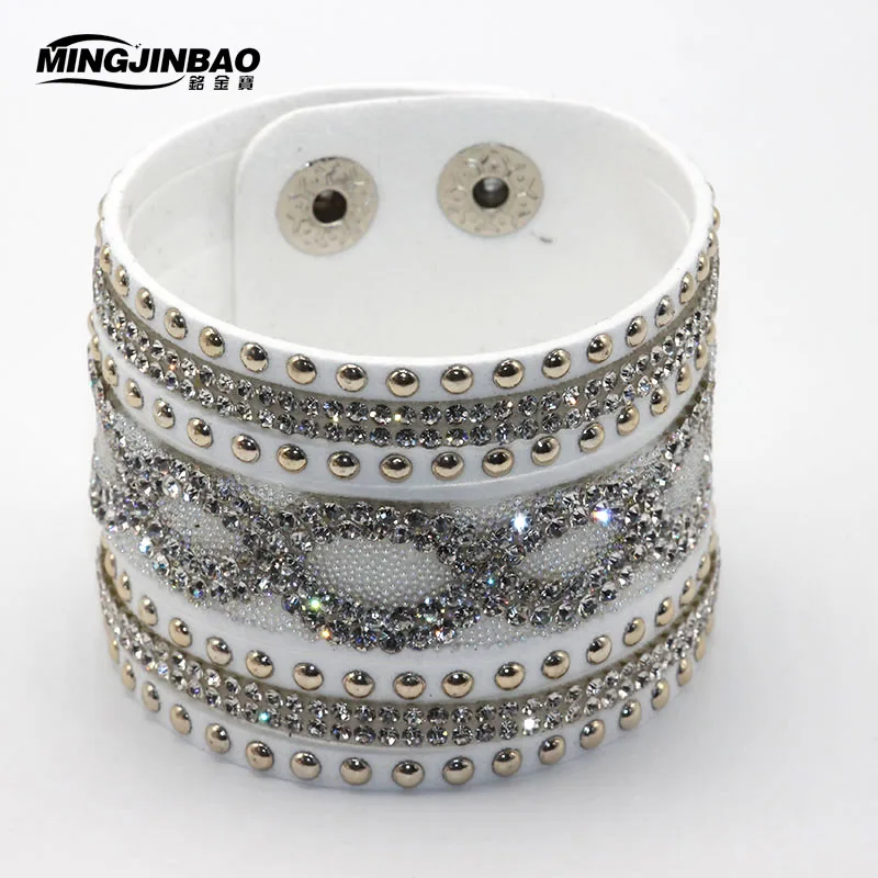 Модные кожаные Обёрточная Бумага Браслет манжета Punk кристалл горный хрусталь