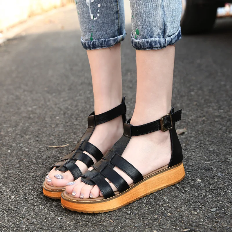 100% из натуральной коровьей кожи Летняя обувь на платформе с Т-вьетнамки ремешке
