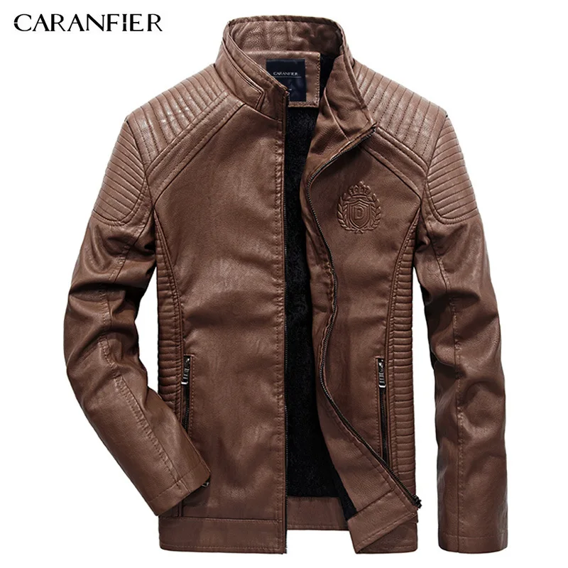 CARANFIER мужские кожаные куртки осень зима PU пальто для мужчин плюс бархатная