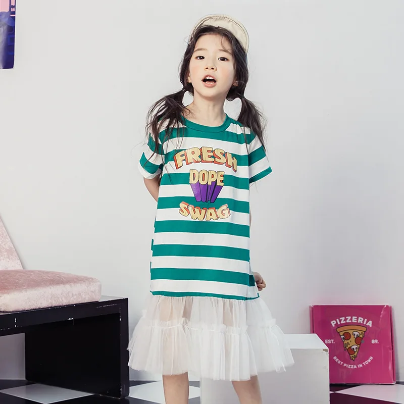 2018 New Summer Ins Short-sleeved Girls Dress Casual Stripes Kids Cartoon Princess Dresses Children's Clothing | Детская одежда и