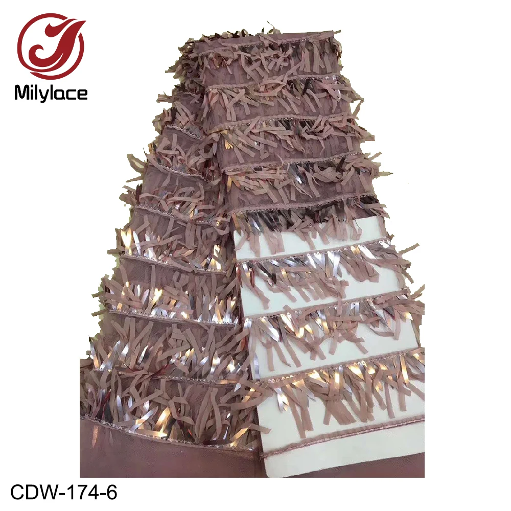 

African Tassel Sequined Lace Fabric Embroidery Nigeria Net Lace Fabric Bride High Quality French Tulle Lace Fabric CDW-174