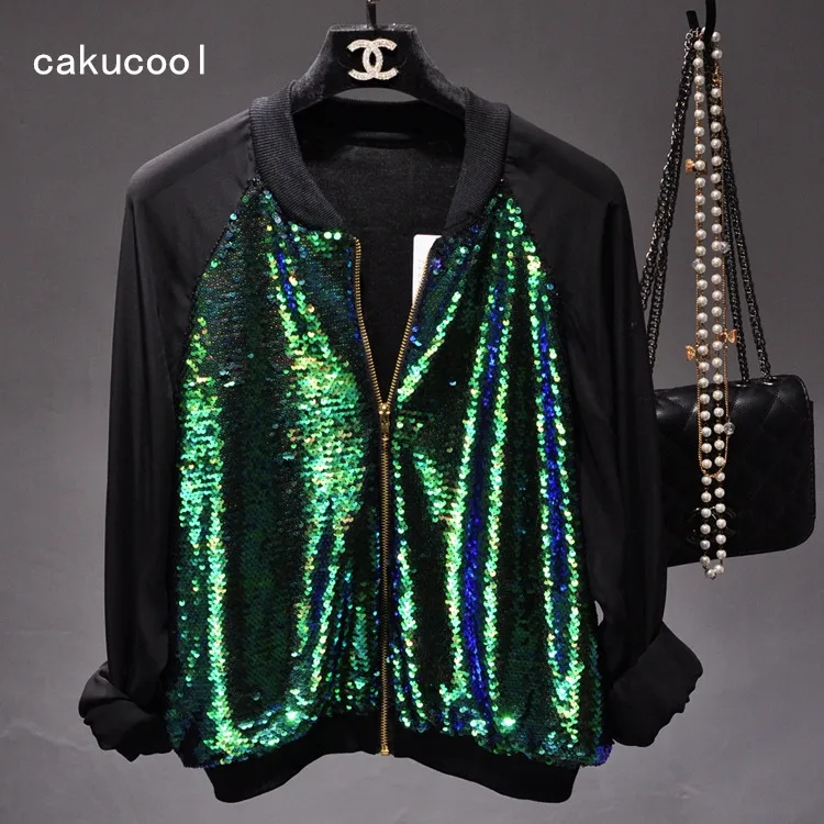Cakucool Для женщин блестками Курточка бомбер пальто сетки бейсбольная куртка с