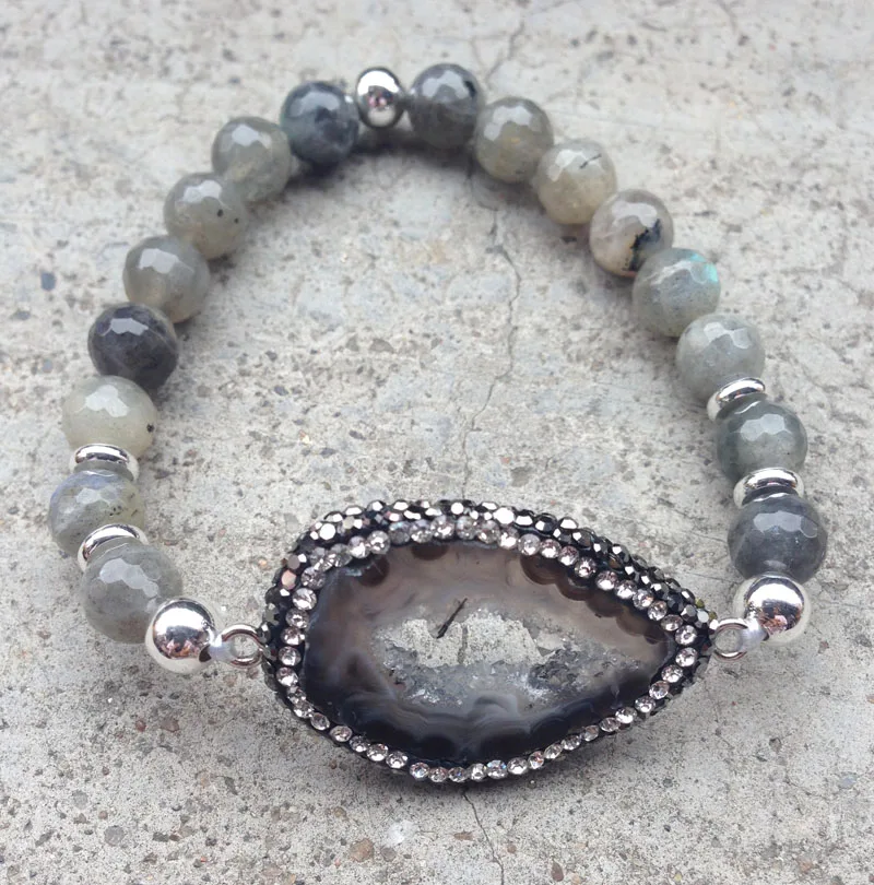 YA2276 Natural Geode Agat Stone Druzy Pave CZ Crystal Labradorite Beads Elastic Rope Bracelet | Украшения и аксессуары