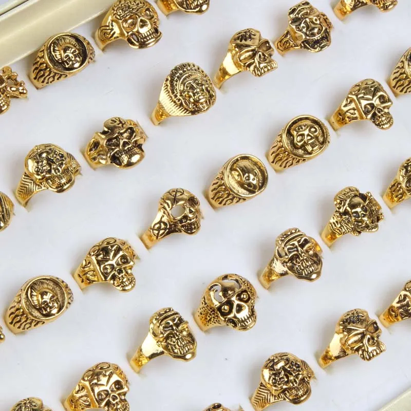 

wholesale mixed lot Gold color 25pcs/pack Hip hop fashion punk skull metal alloy skeleton jewelry rings