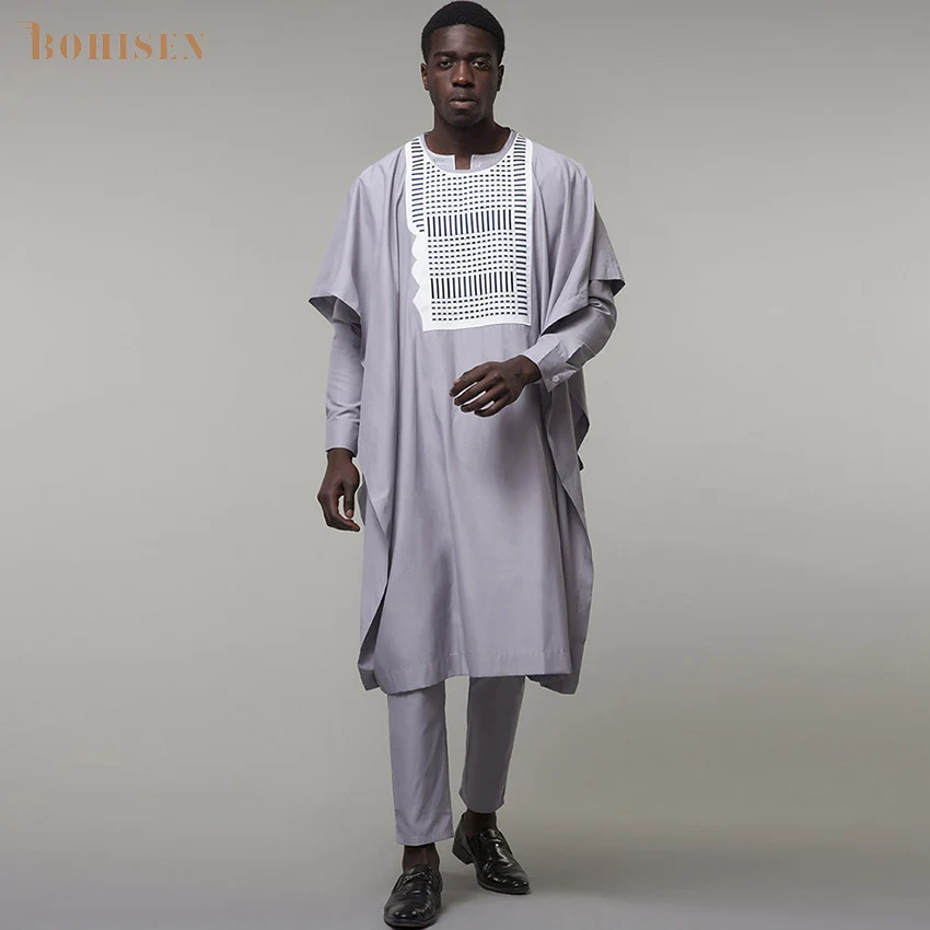 BOHISEN African Print Cotton Men Clothes 3 Pieces Bazin Agbada Long Sleeve Party Vogue Dashiki Formal Dress For Men
