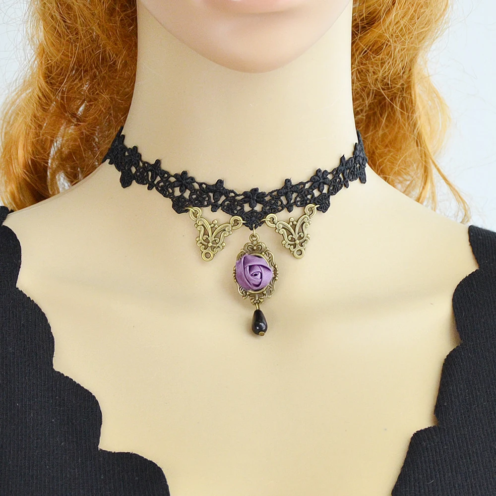 Feelshine Punk Rock Style Gothic Black Lace Rope Hollow Out Chain With Antique Gold-Color Purple Flower Choker Necklace | Украшения и