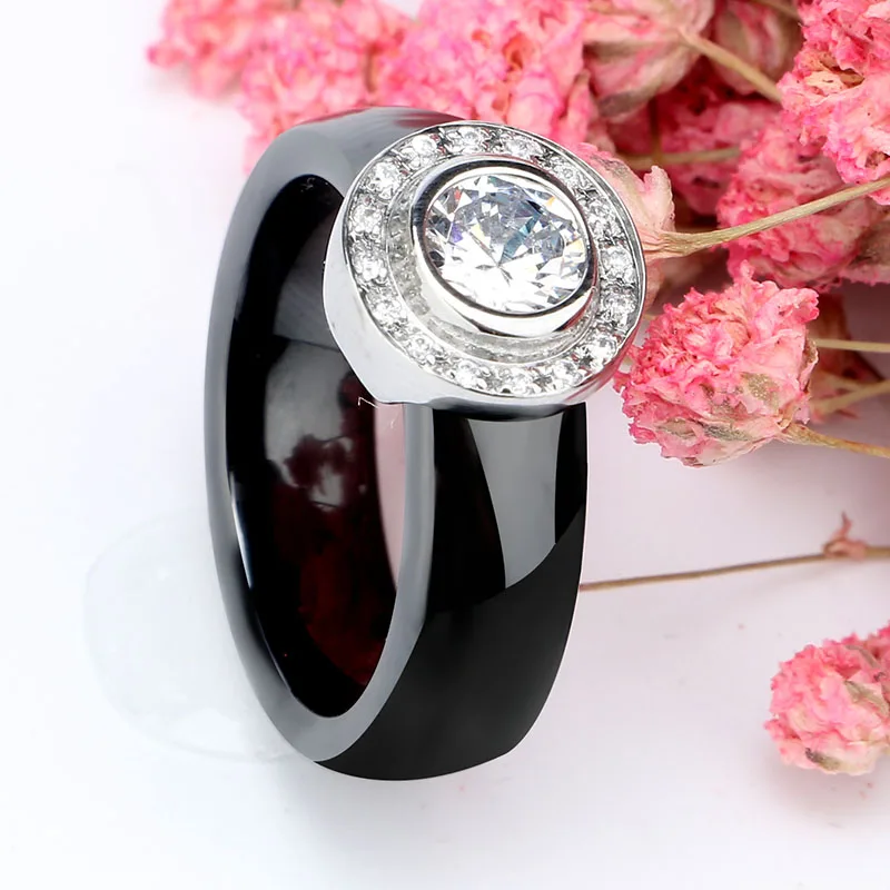 Женское кольцо из керамики белое обручальное с большим кристаллом 6 мм|crystal wedding