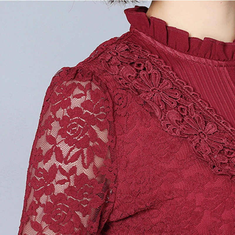

S-3XL 3 Colors Autumn New Long Sleeve Lace T-Shirts For Women Slim Elegant Stand Collar Embroidery Female Plus Size Shirts Tops