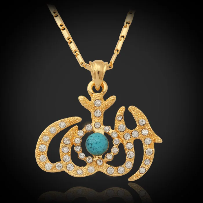 

Muslim Allah Pendant Necklace Charms Clear Rhinestone Synthetic Stone Gold Color Jewelry For Women Necklace MGC P257