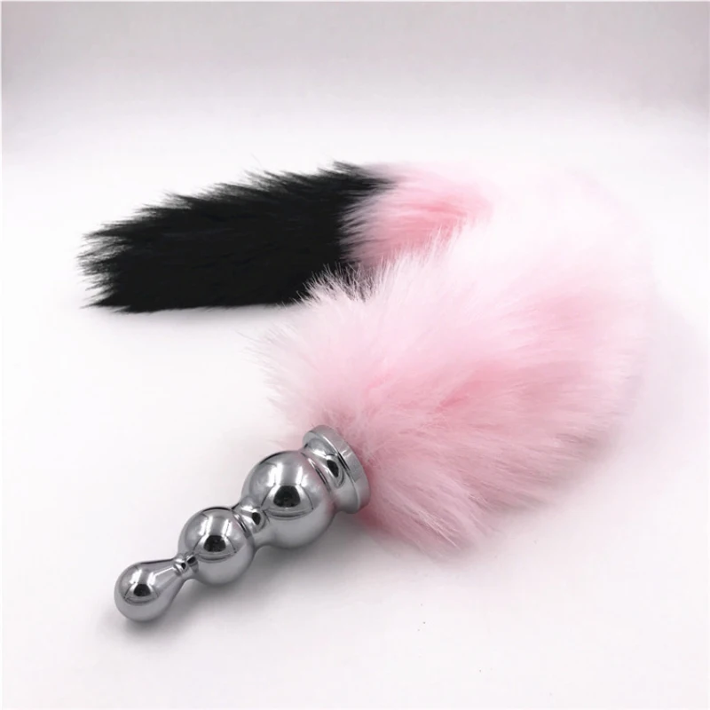 Анальная пробка из нержавеющей стали с лисьим хвостом плюшевая Черная задняя