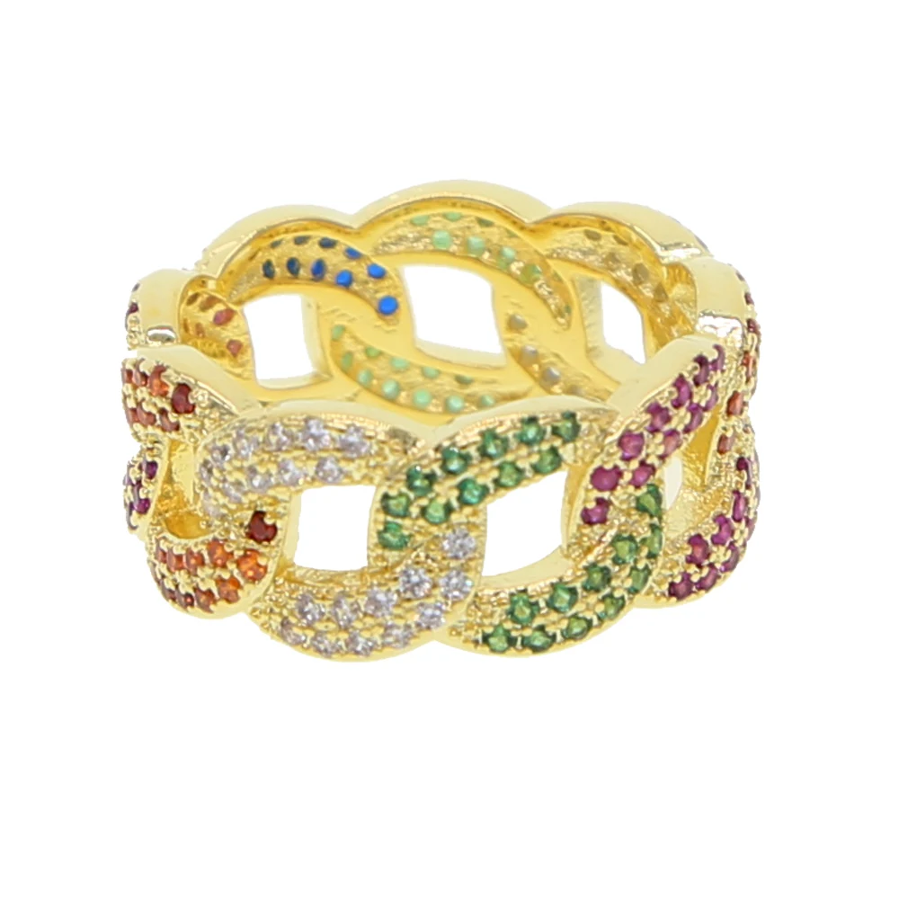 Hot new rock fashion link chain rings cuban punk gold color micro pave rainbow bright cz women men wedding engagement jewelry