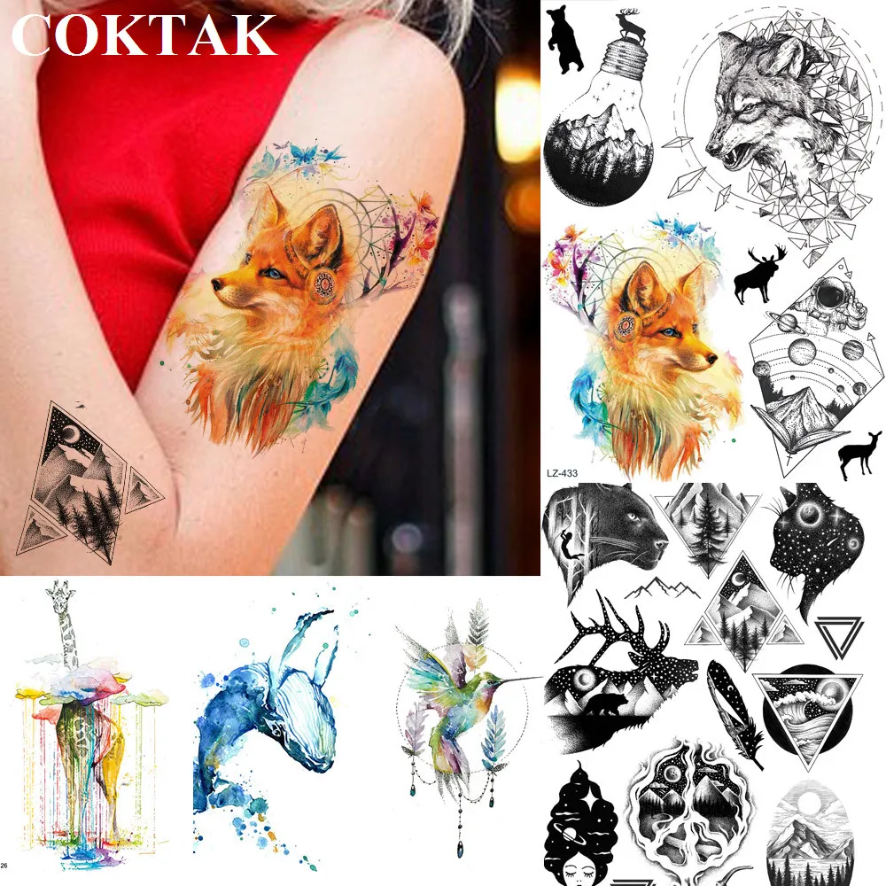 

COKTAK Sexy DIY DreamCatcher Fox Temporary Tattoos Geometric Wolf Sticker Planets Fake Tatoos Art Custom Tattoo For Women Girls