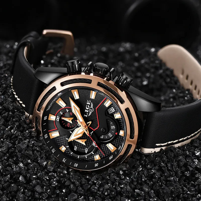 Мужские часы Марка LIGE Мода спортивные Роскошный большой циферблат хронограф