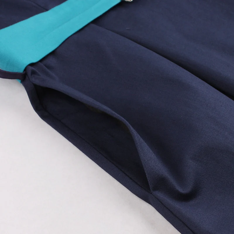 Tonval Navy Blue and Yellow Color-block Vintage Retro Dress Women Belted Slim Fit Pocket Office Ladies Pleated Cotton Dresses | Женская