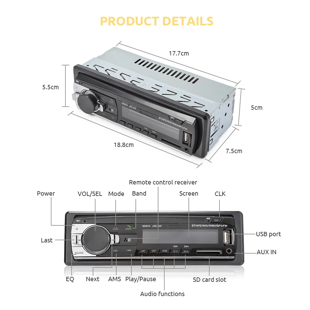 JSD 520 Автомобильный MP3 плеер Bluetooth 2 0 AC/DC 12 V в тире 1 Din автомобильный FM радио с