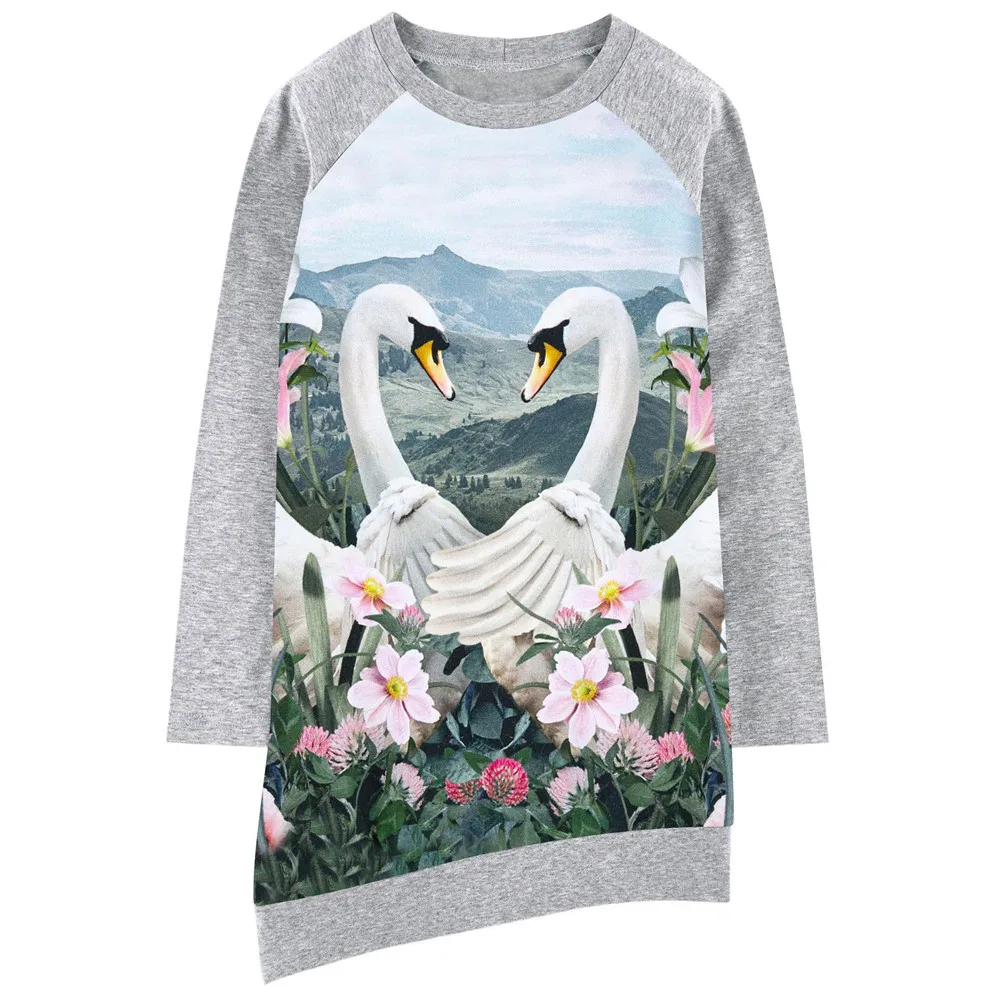 Платье для маленьких девочек платья с длинными рукавами принтом лебедя Детская