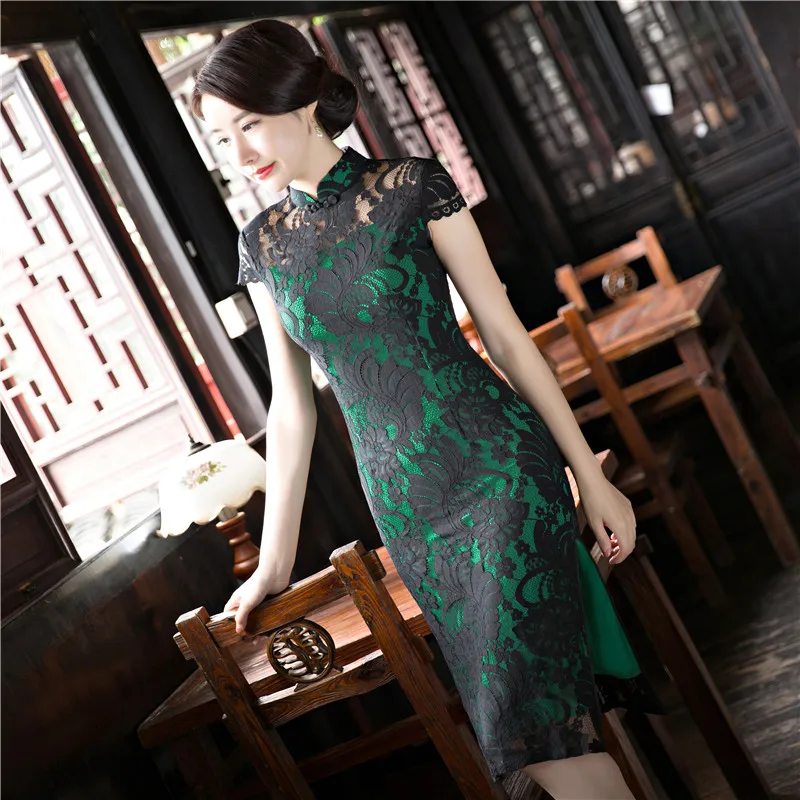 Шанхай история Новое поступление китайский женский колено Leng Cheongsam мода короткий стиль лето Qipao кружевное платье Vestidos